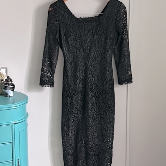 New Candie's Juniors' Black and Silver Foil Lace Special Occasion Column Dress - Picture 13 of 13